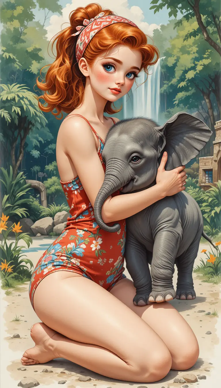 Freckled 1950s girl hugging a baby elephant at the zoo