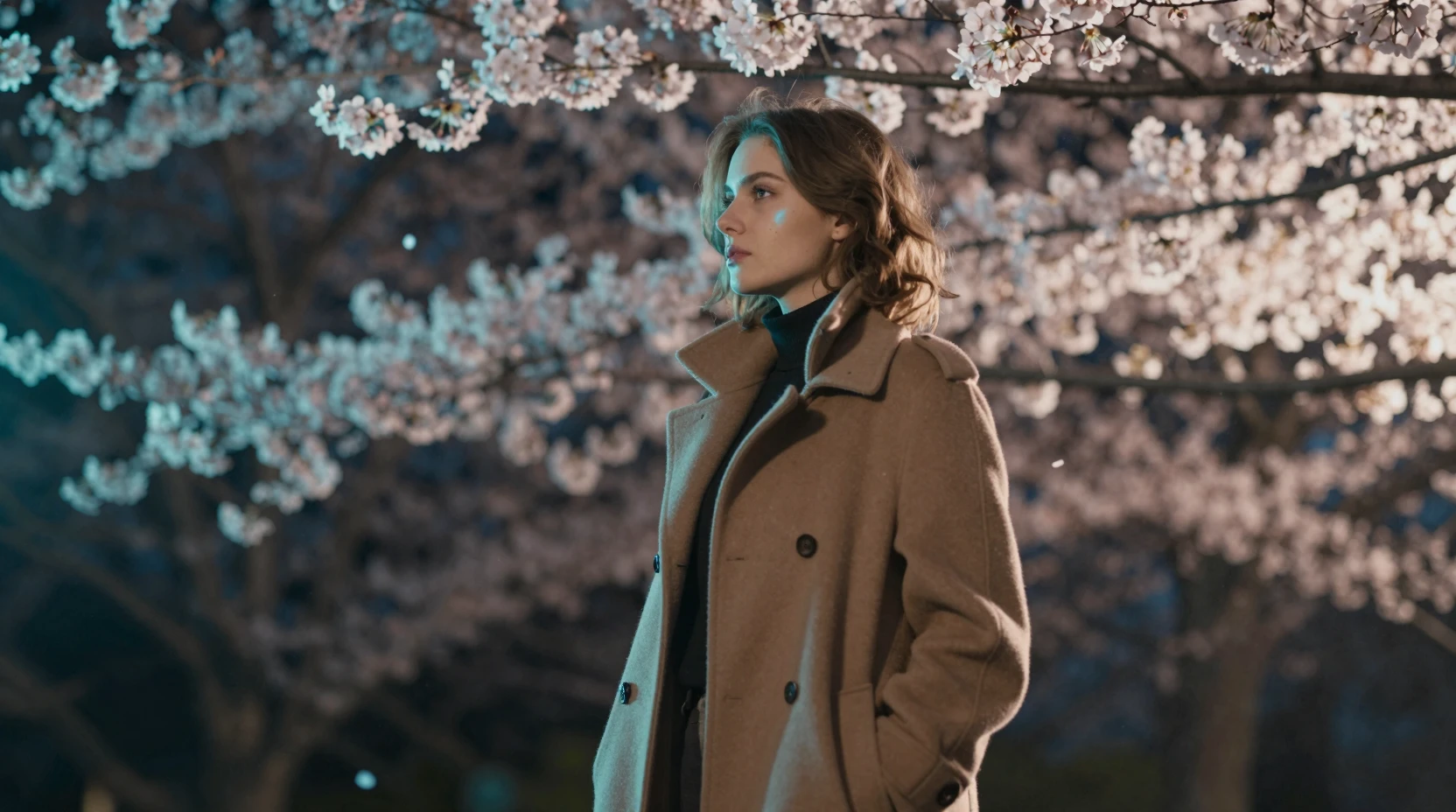 Joven mujer entre pétalos de cerezo cayendo con luz cinematográfica
