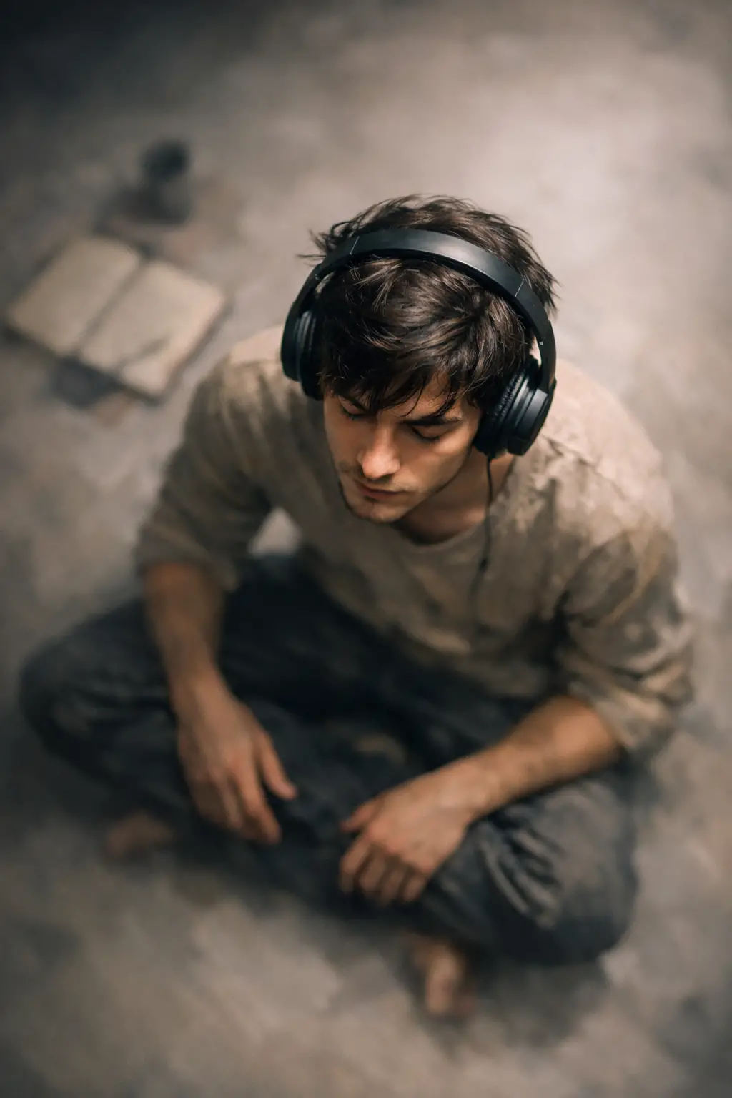 Introspective man listening to headphones from an overhead view