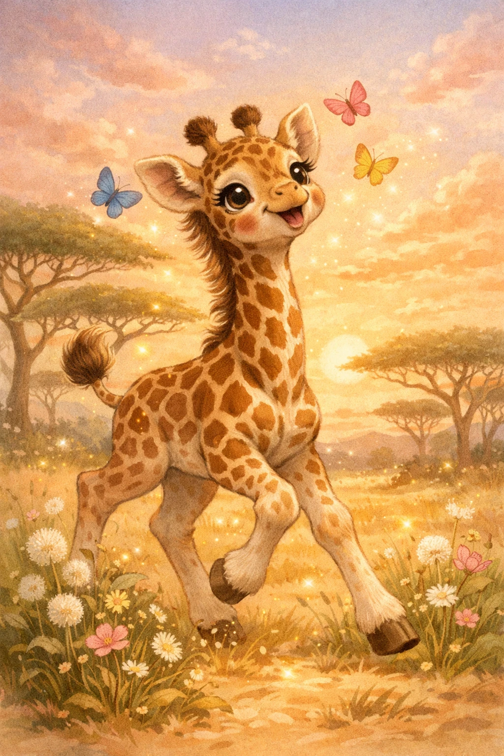 Adorable bébé girafe explorant la savane dorée au coucher du soleil
