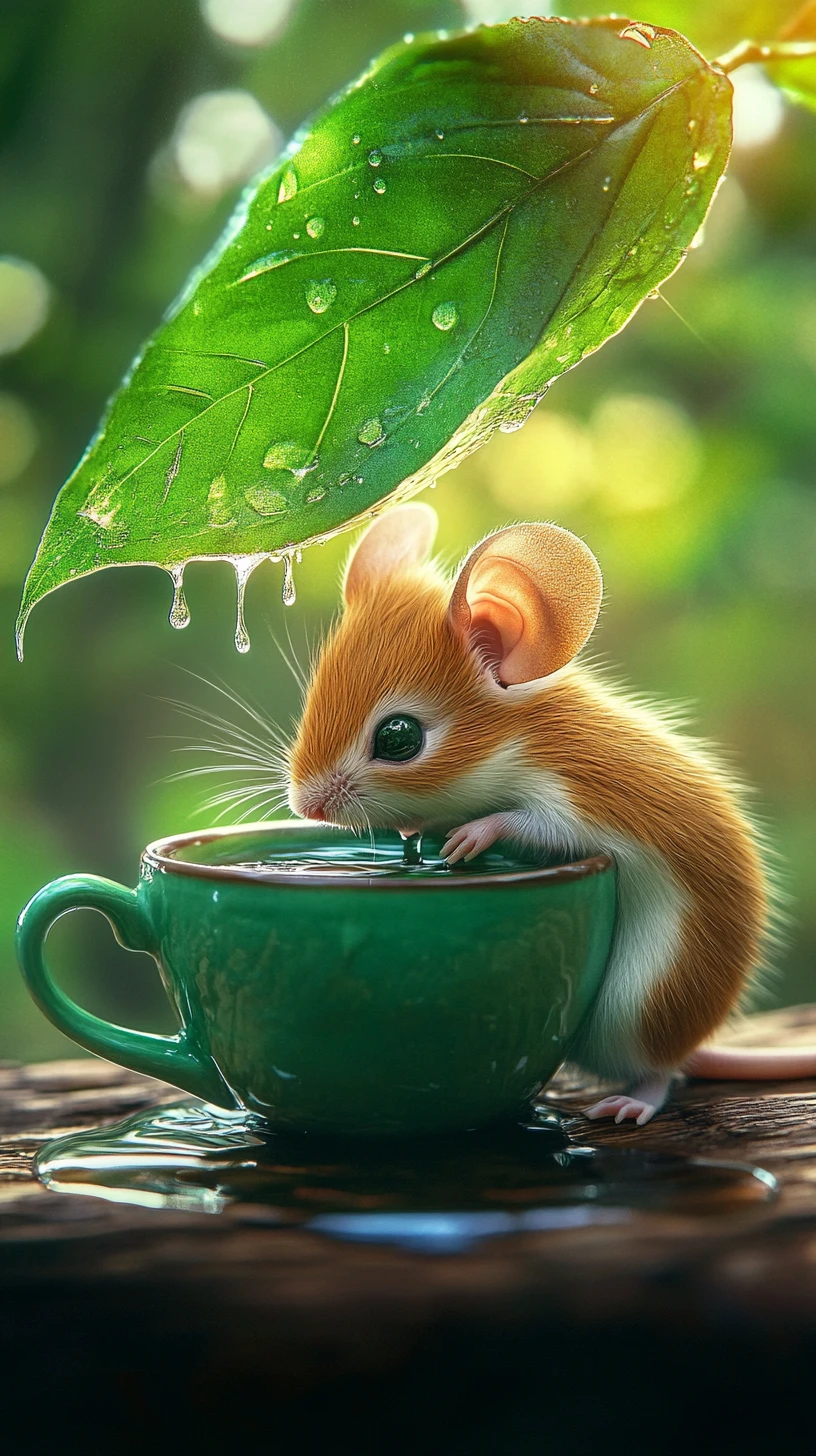 森の光の中で緑のティーカップからお茶をすすっている小さなネズミ