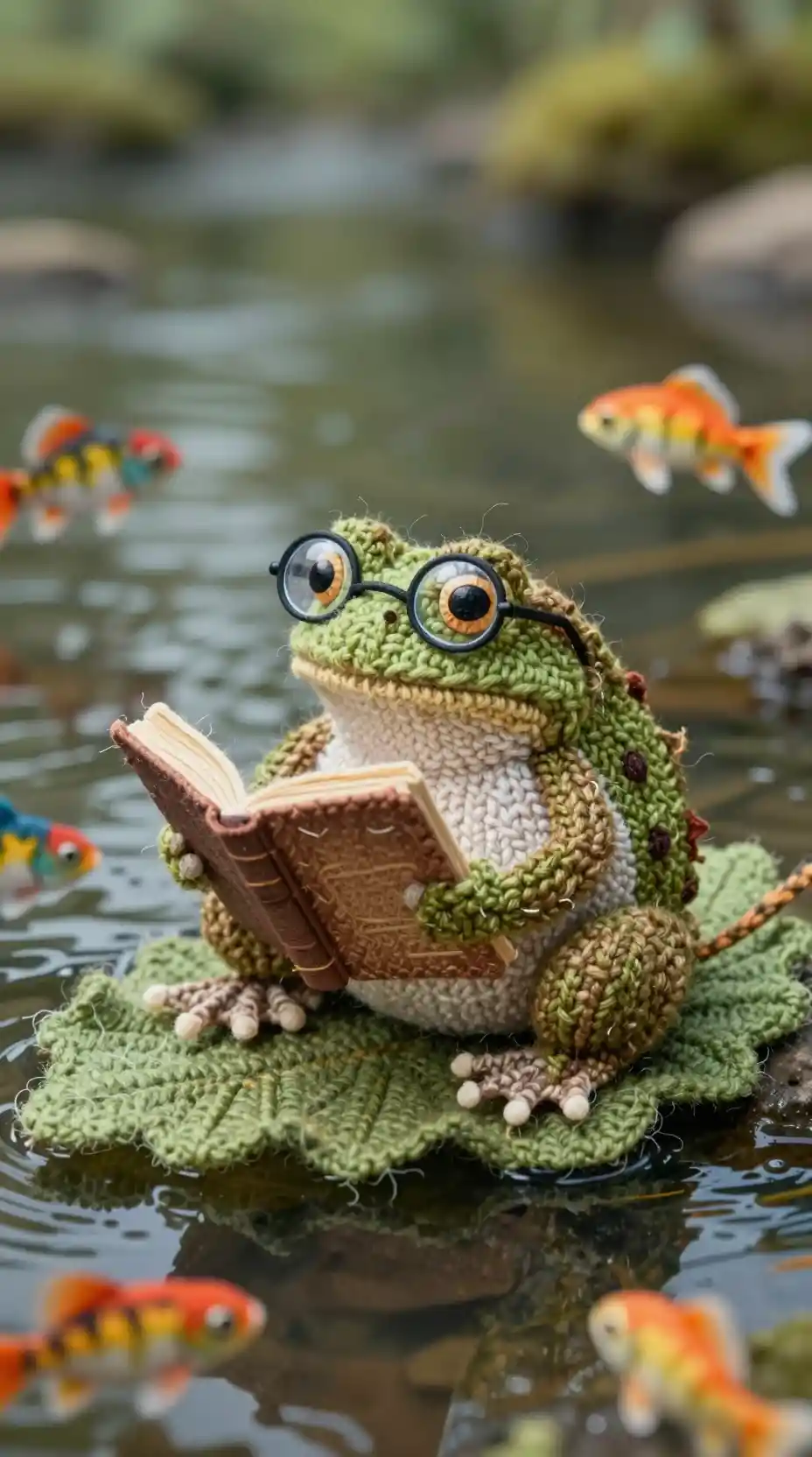 Rana pensierosa con libro su foglia in una scena fluviale tessile