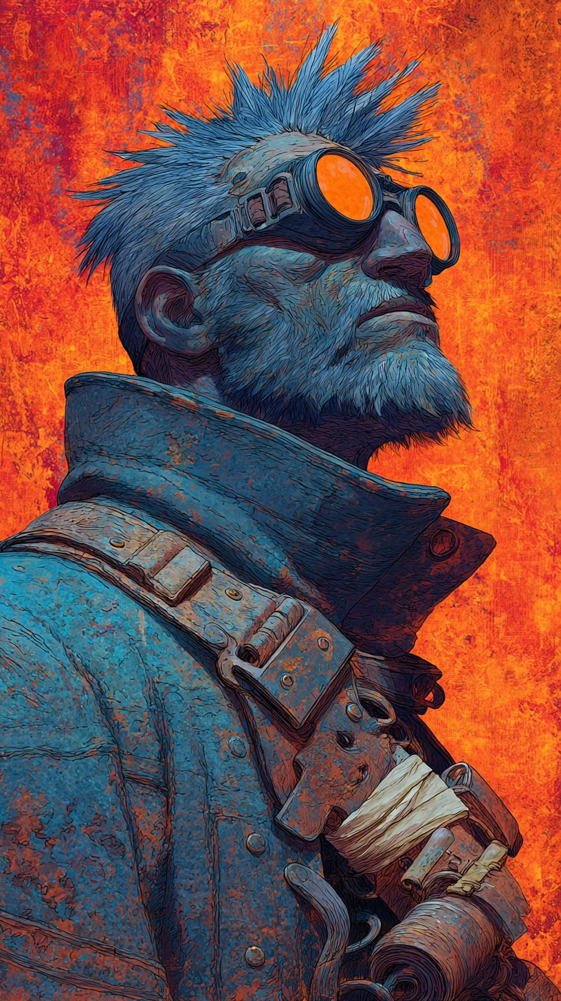 Retrato de guerrero steampunk con gafas brillantes y capa