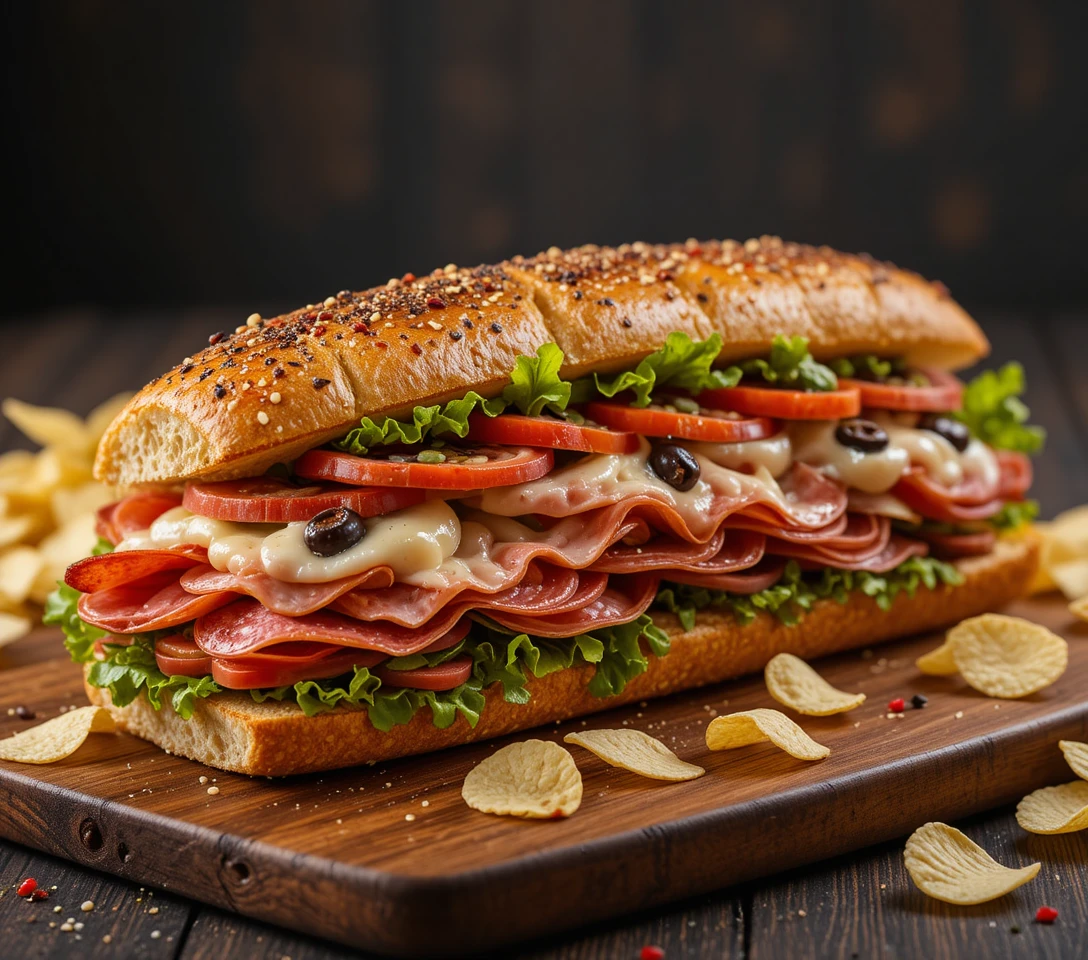 Italian sub sandwich on wooden board with potato chips