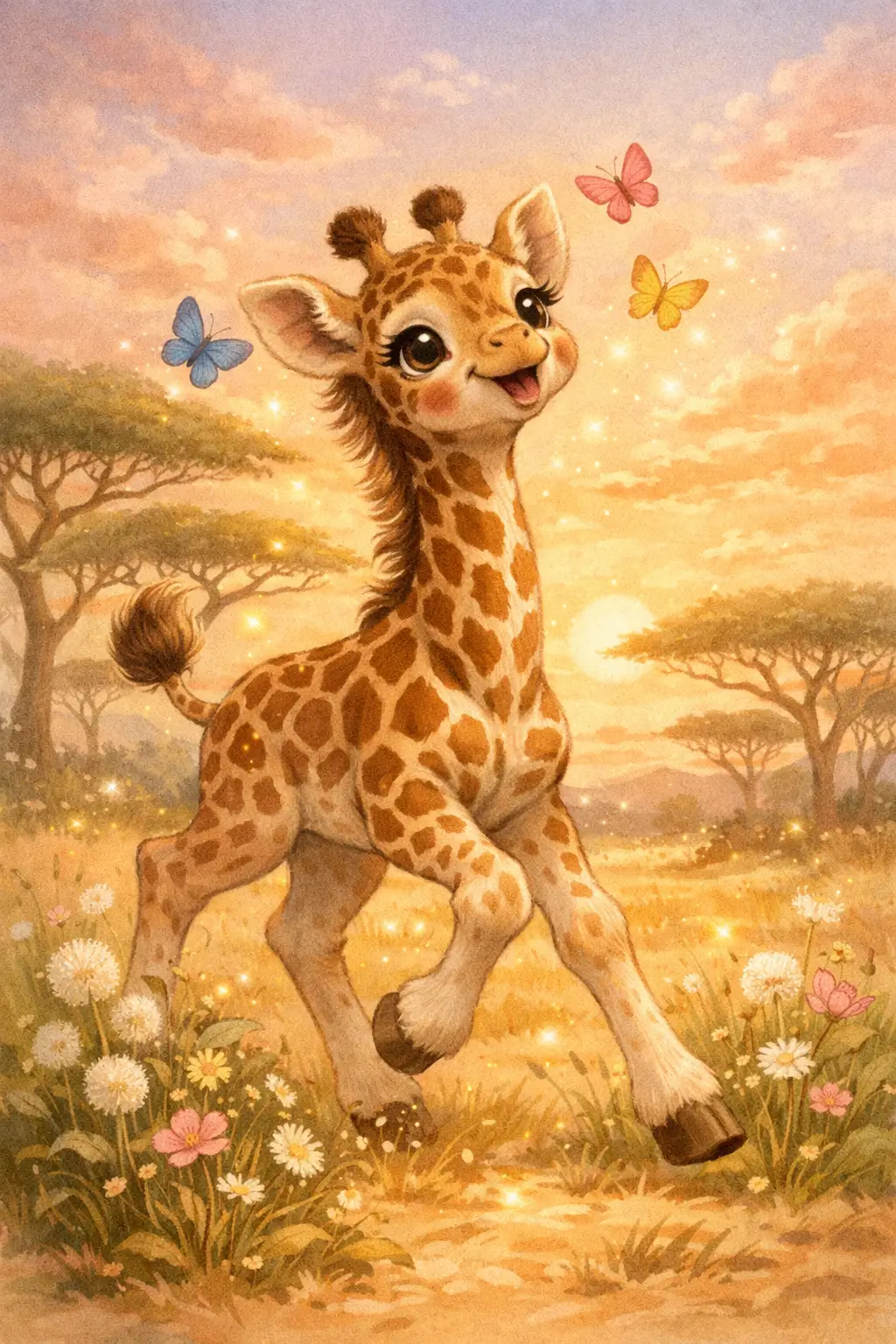 Cute baby giraffe exploring the golden savanna at sunset