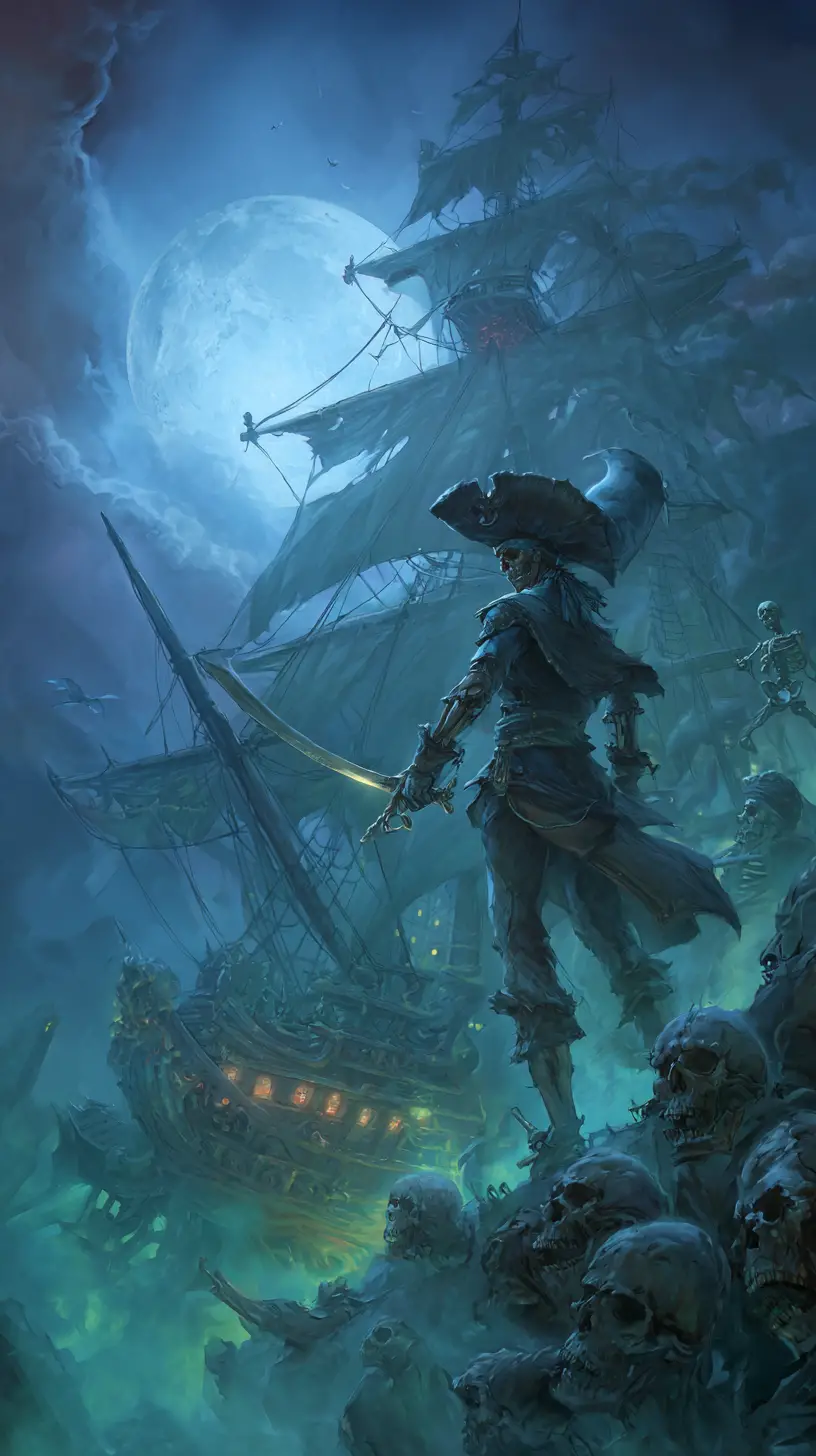 Undead pirate captain on ghost ship under full moon