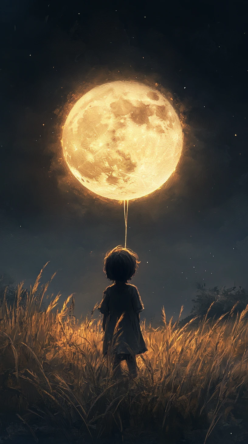 Child Holding Luminous Moon Balloon In Night Grassland