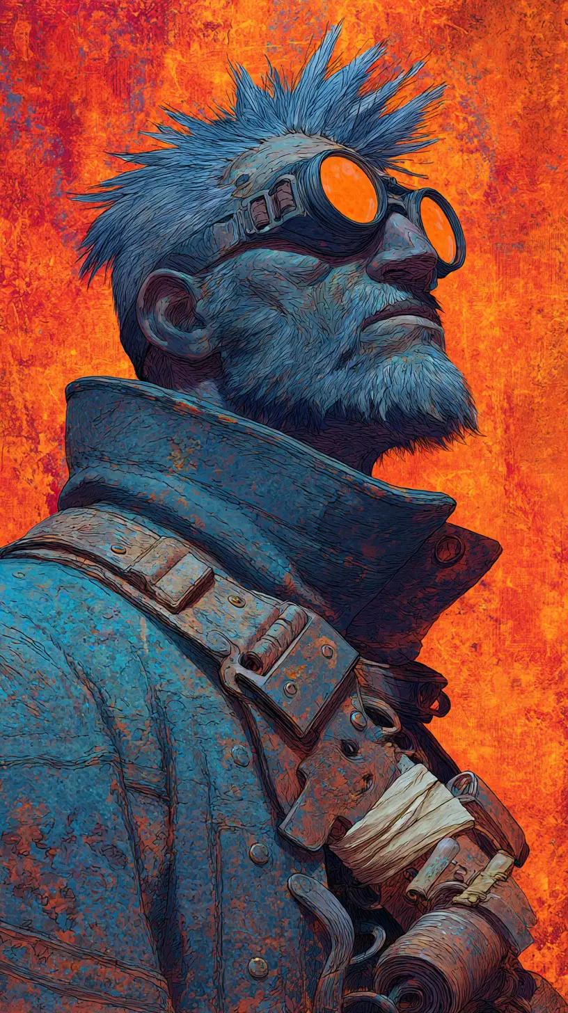 Steampunk warrior portrait with glowing goggles and cloak