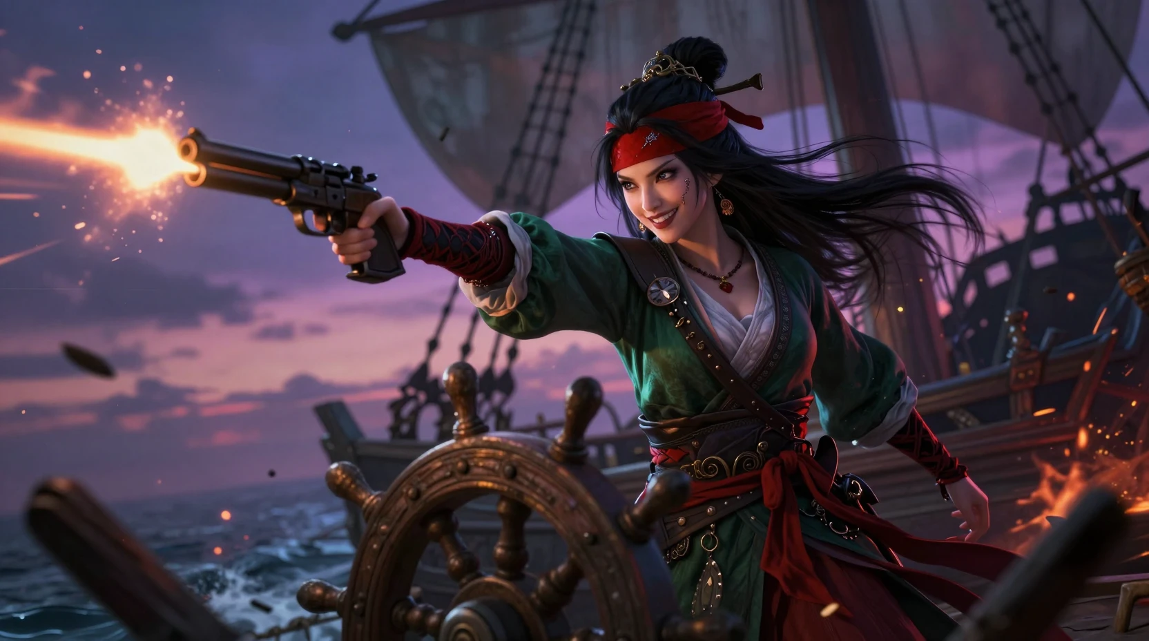 Wuxia empress at the helm of a ghostly warship