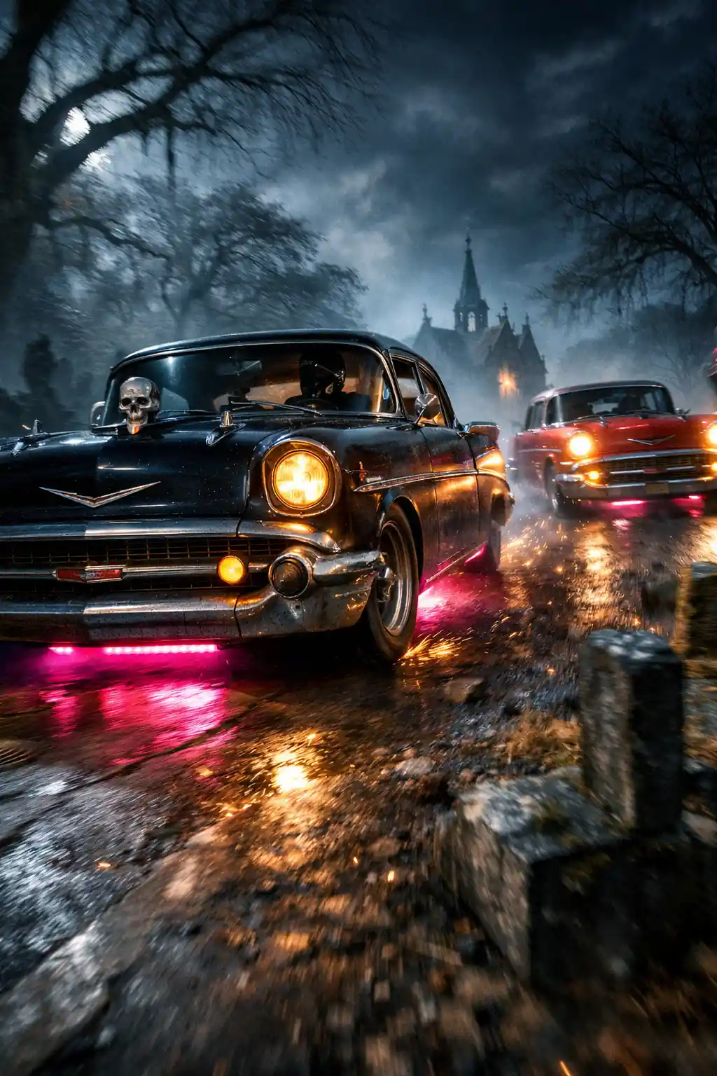 Cinematic night race between classic cars in a foggy cemetery