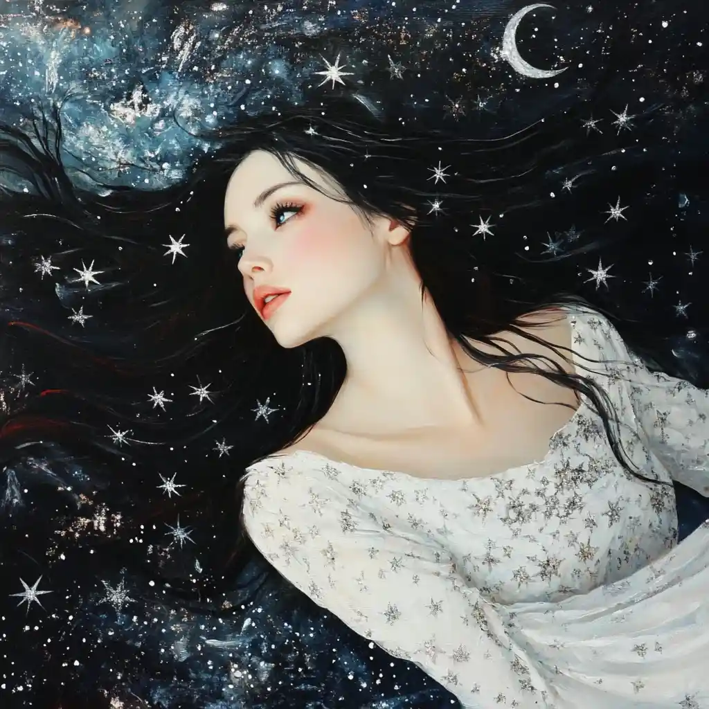 Mujer fantástica bailando a la luz de la luna con alas de cristal