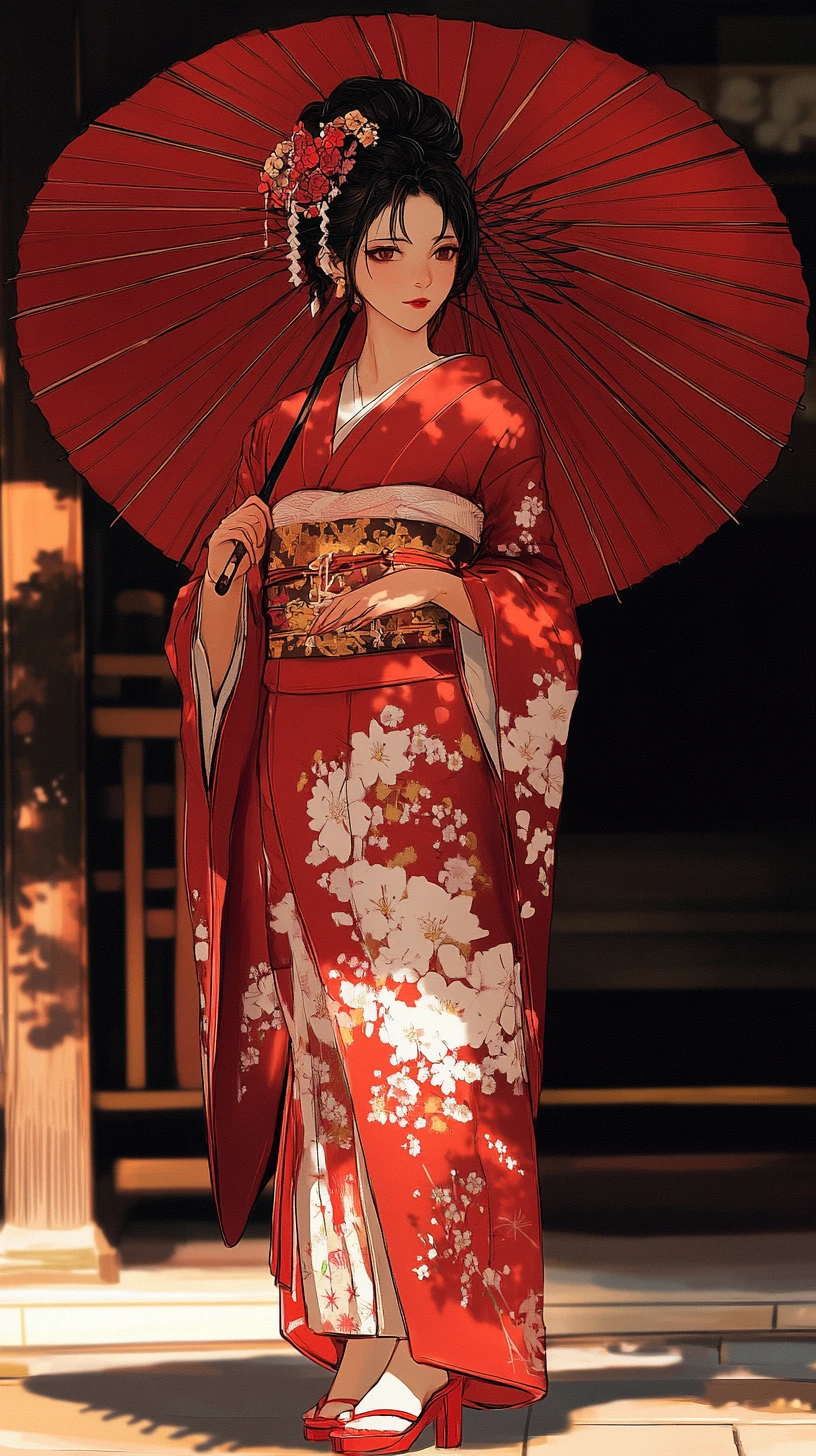 Mujer japonesa con kimono rojo y sombrilla de papel