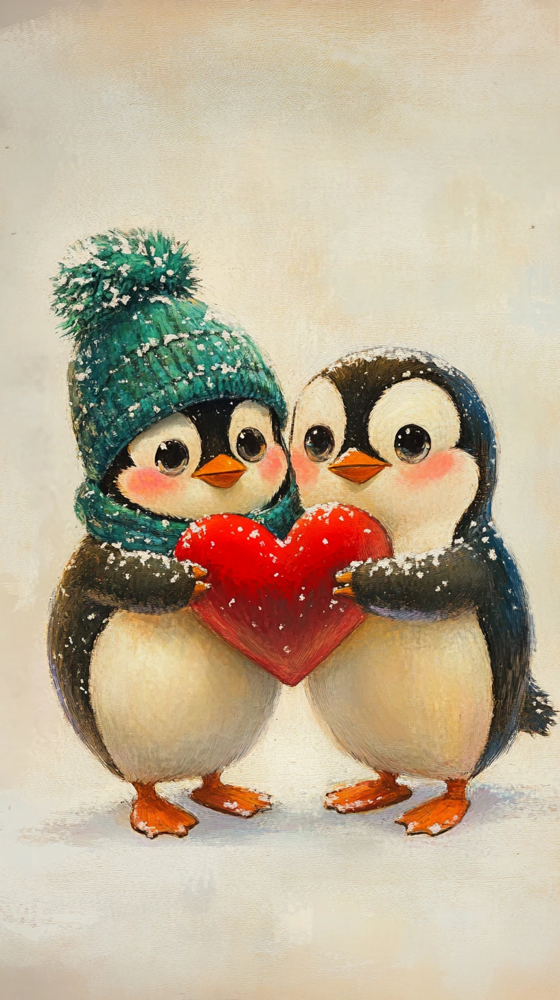 Adorables pingouins de dessin animé serrant un cœur rouge dans la neige