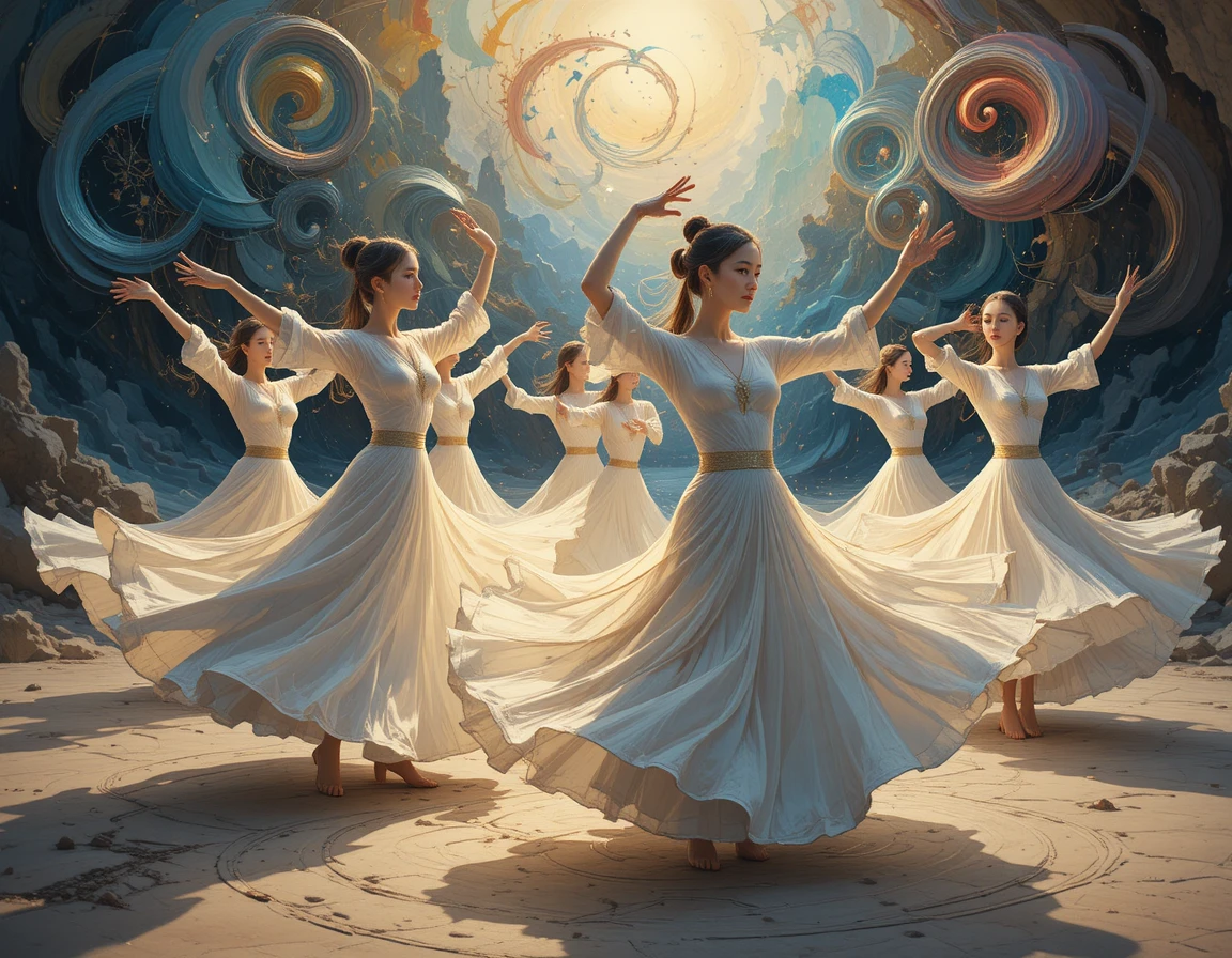 Whirling dervish dancers in flowing robes with surreal colors
