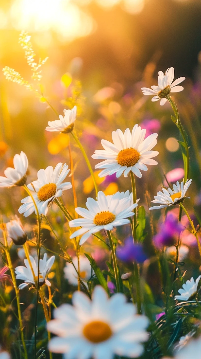 Colorful wildflower field glowing in warm golden sunlight