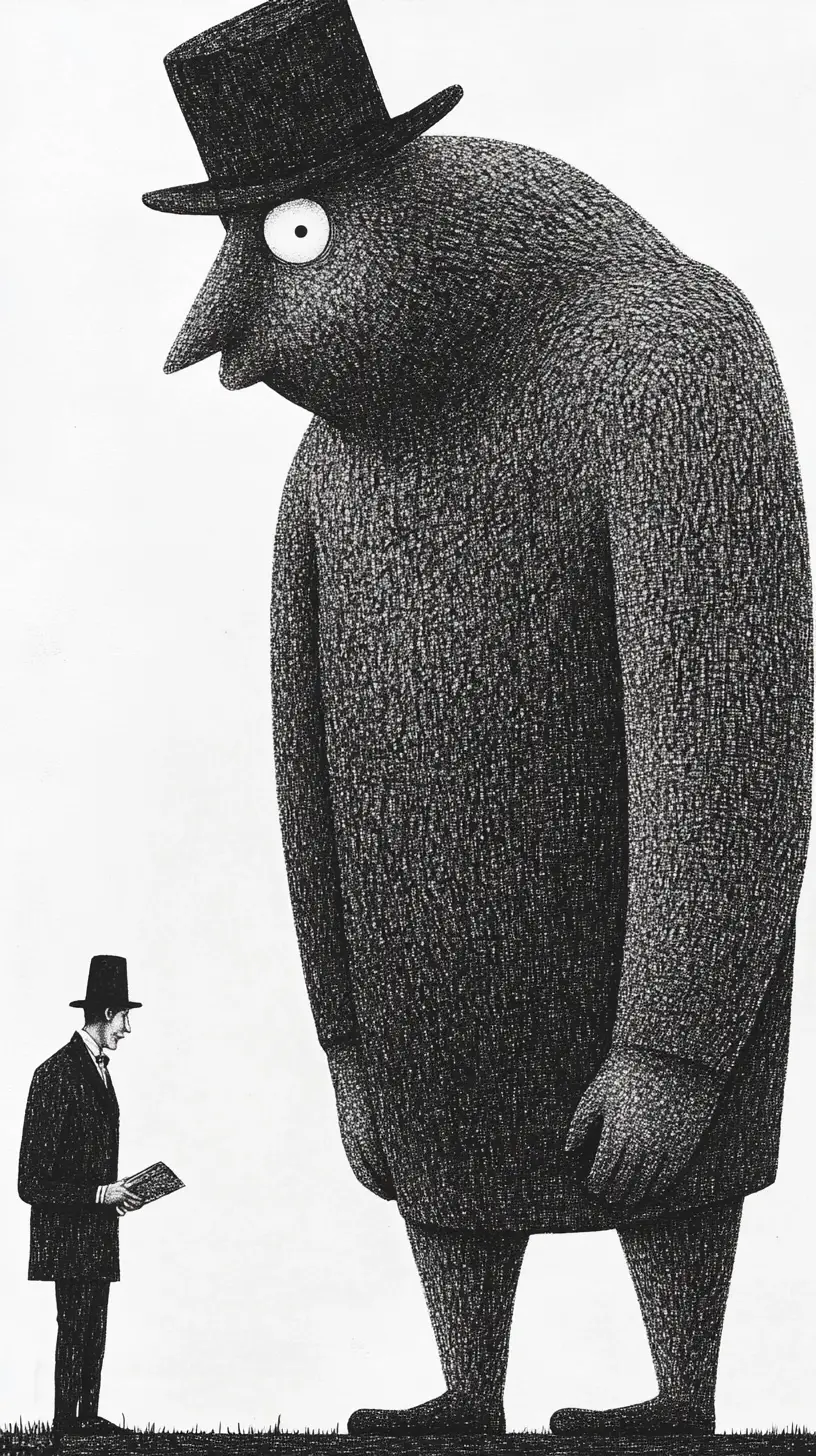 Walrus and carpenter in whimsical ink drawing landscape