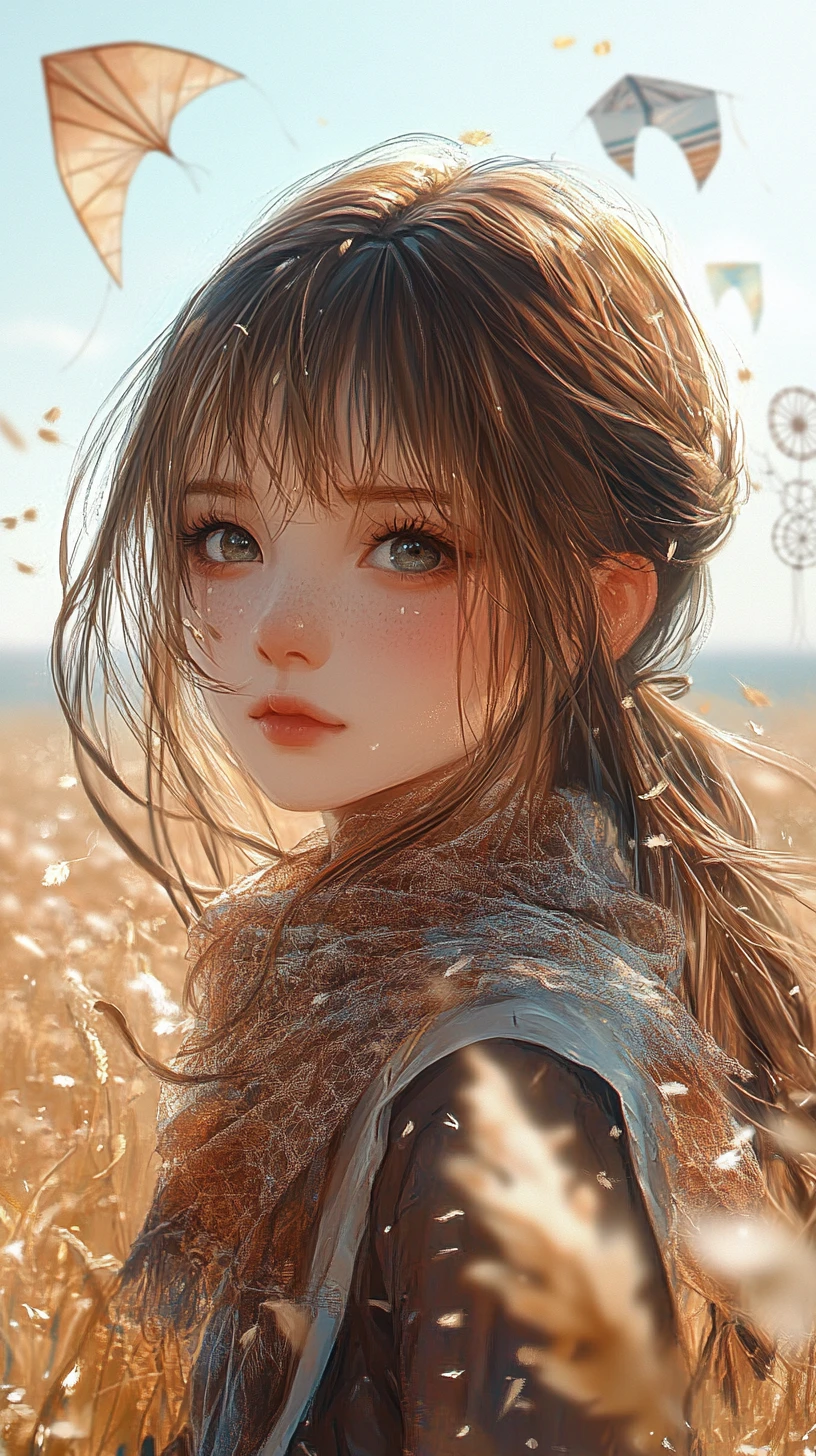 Chica de anime en un campo dorado con cometas flotando
