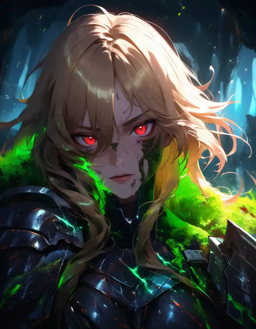 Battle hardened warrior woman in gothic armor in cave
