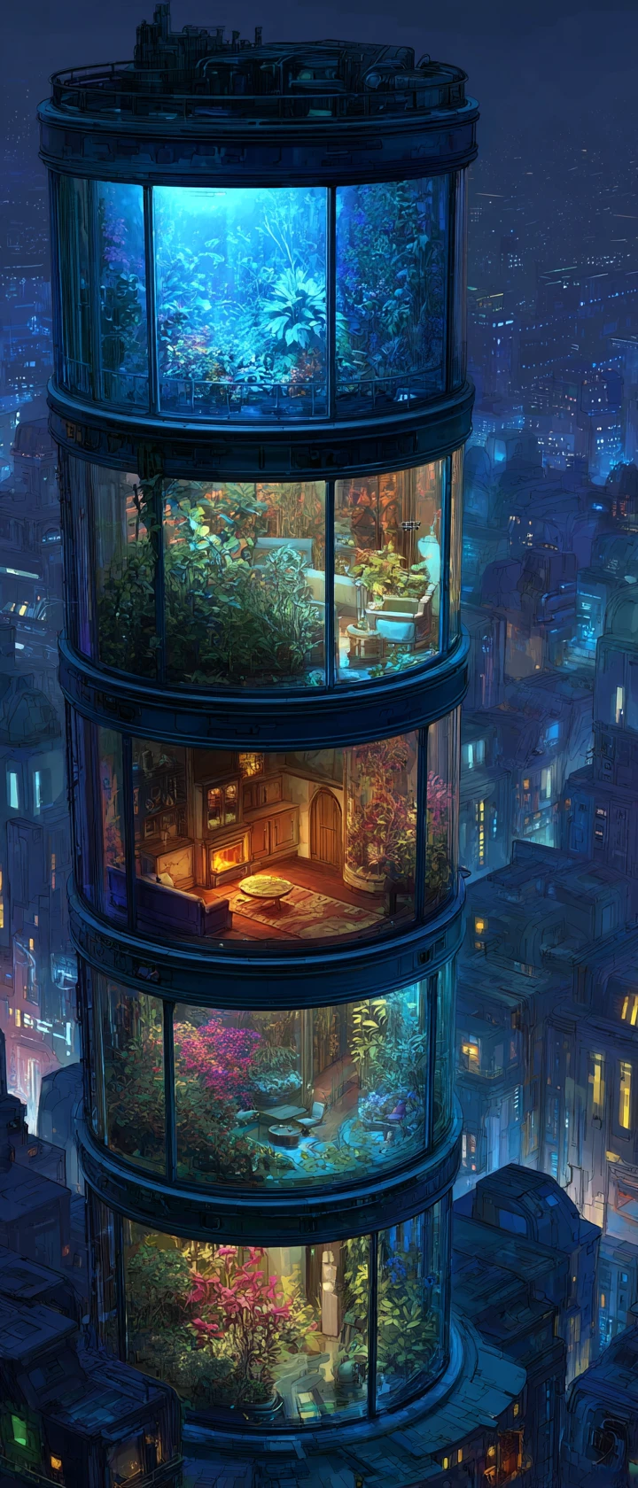 Torre de Cristal Futurista con Ecosistemas Brillantes de Noche