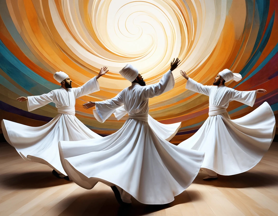 Whirling dervish dancers in flowing robes and surreal sketch