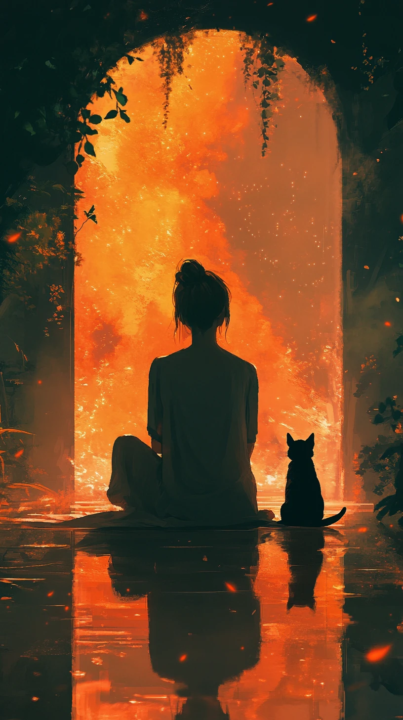 Ragazza e gatto in controluce in un interno fumoso e luminoso