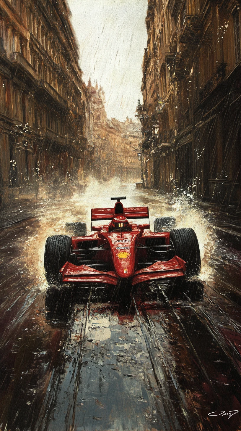 Red formula race car drifting on wet cobblestone street