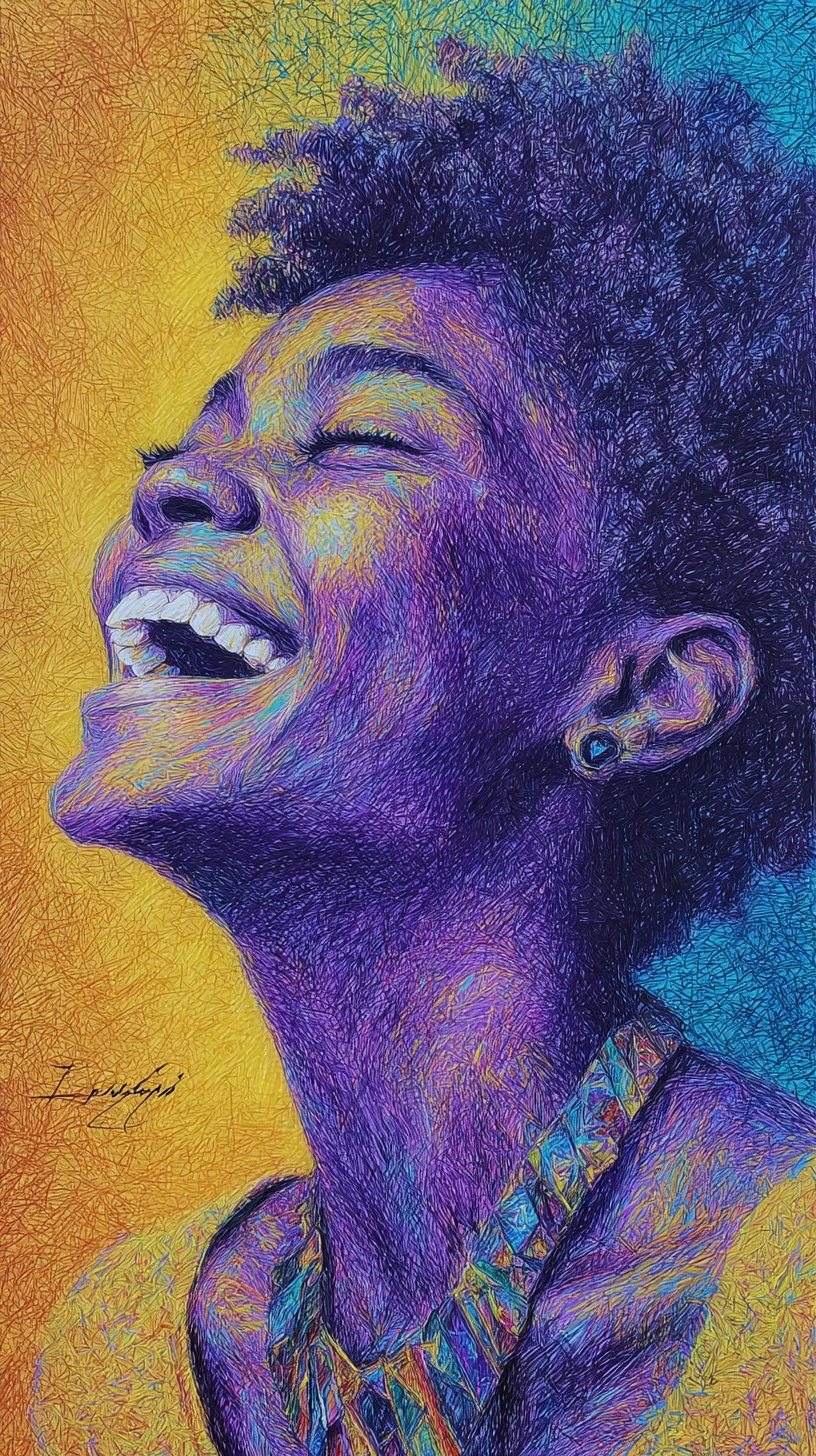 Joyful black woman laughing in radiant low angle portrait