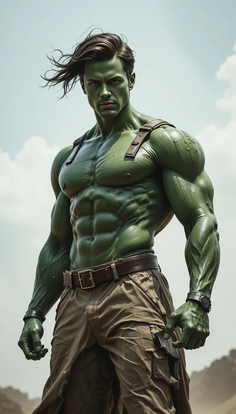 Green superhero in torn clothes striking a powerful pose