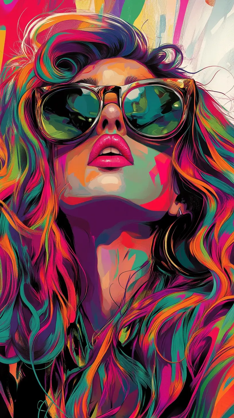 Donna d’avanguardia con capelli multicolori in un ritratto surreale