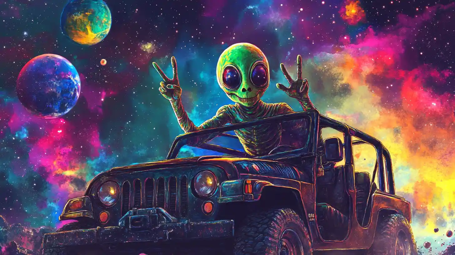 Alien leaning from jeep with peace sign in space