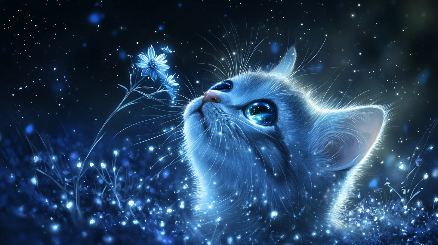 Adorable kitten holding moonflowers under a starry night sky