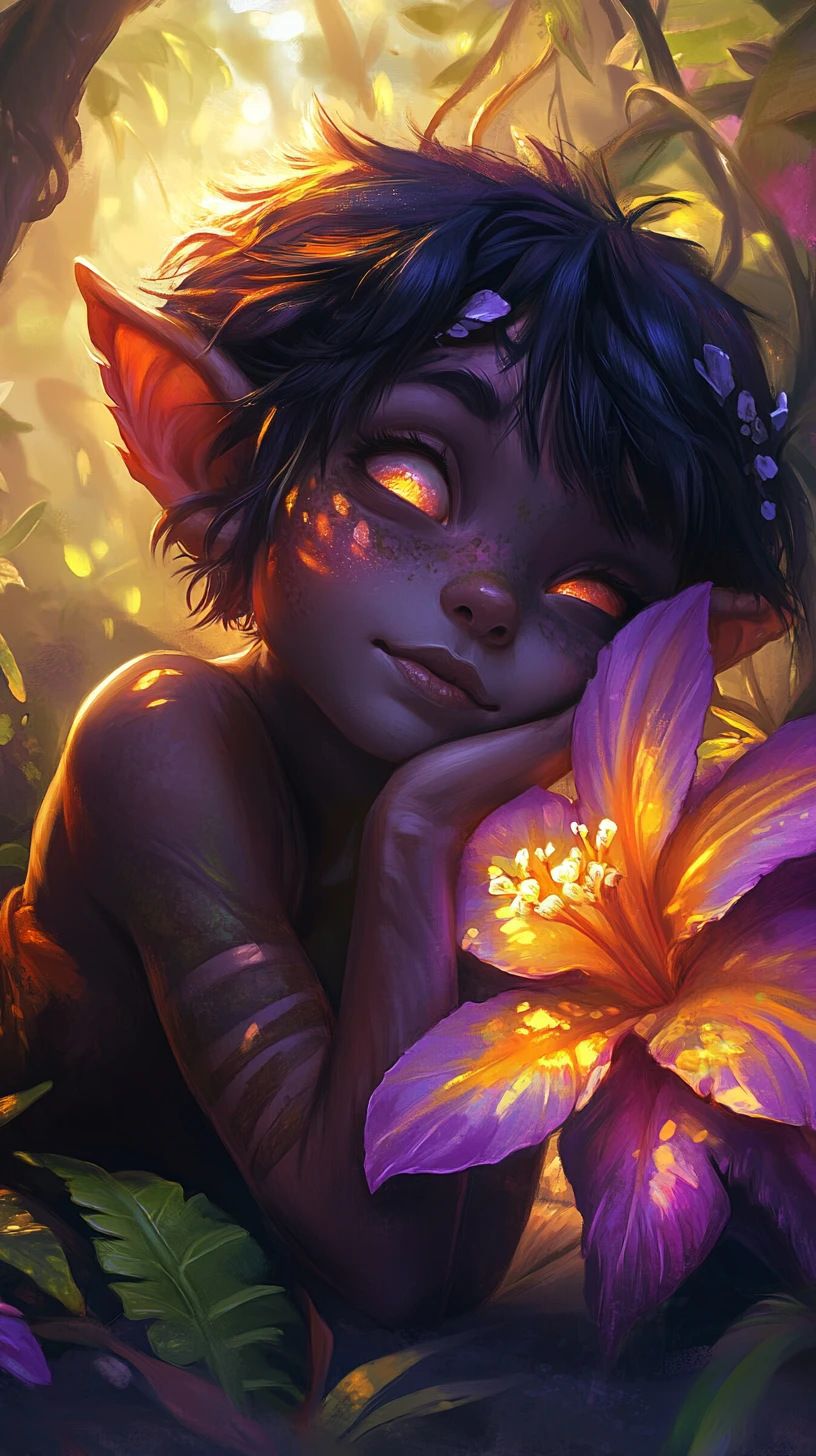 Joven troll descansando sobre una vibrante flor del bosque