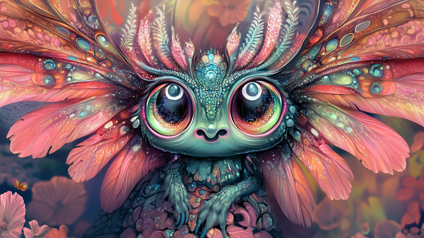 Iridescent fairy with large patterned wings over floral backdrop