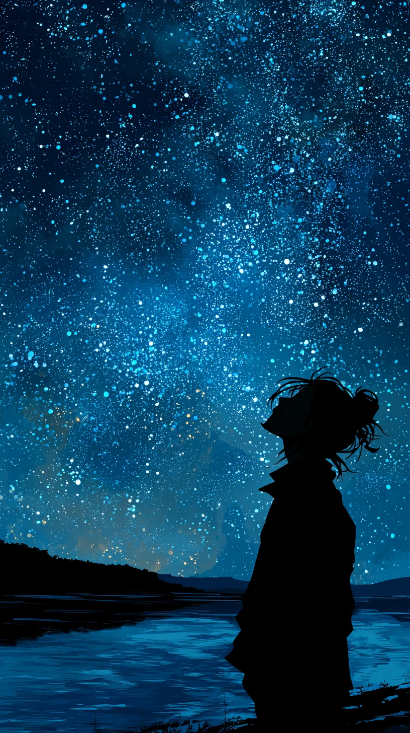 Silhouetted figure gazing up at a vast starry night sky