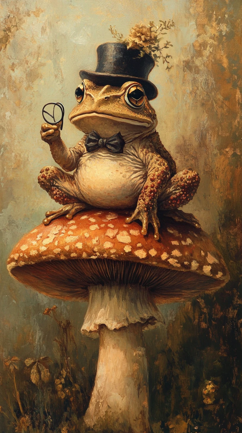 Victorian painting of a toad on a grand mushroom
