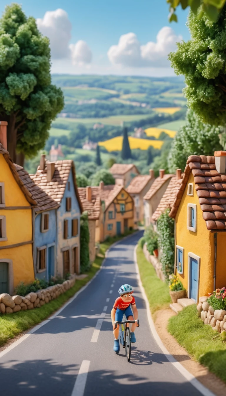 Funny clay cyclists racing through a cozy French village