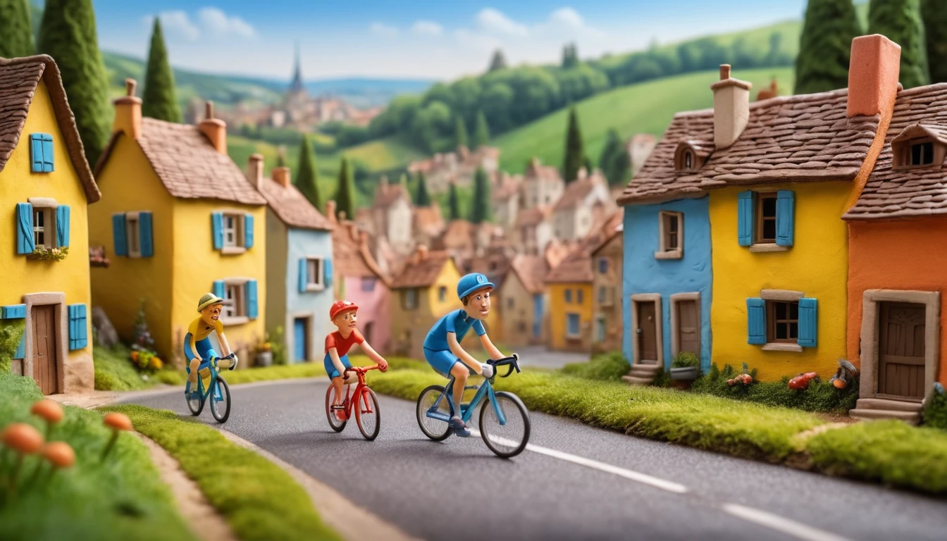 Funny clay cyclists racing through a cozy French village