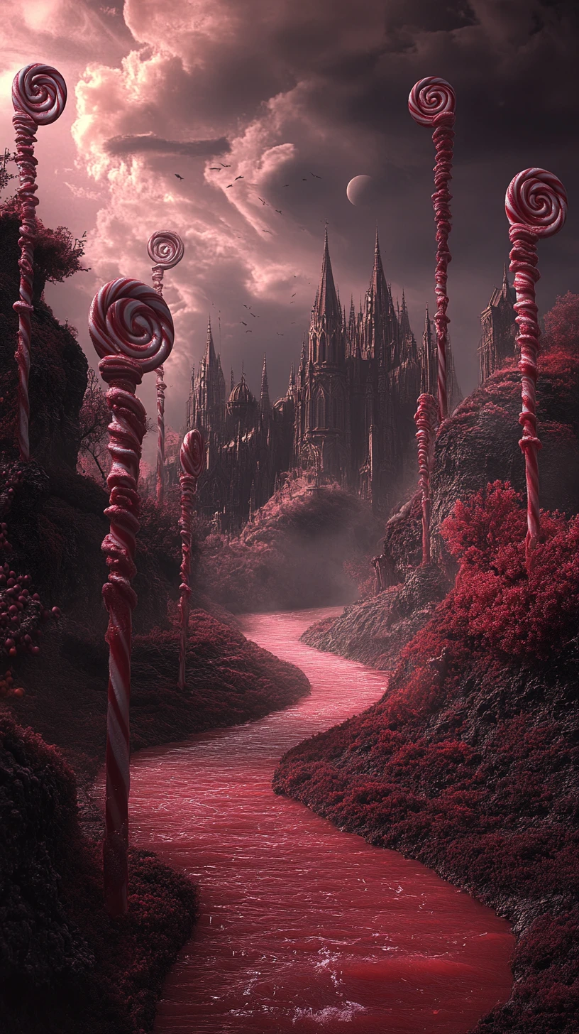 Gothic candy kingdom with dark desserts and syrup river