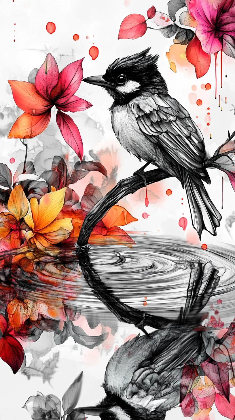 Dreamlike bird on twisted branch in surreal floral scene