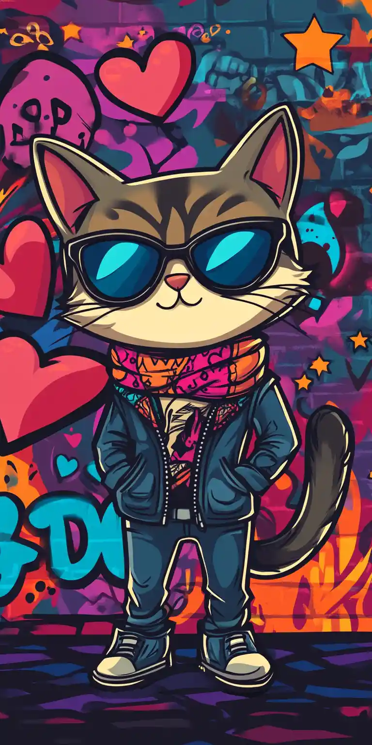 Cool street cat in leather jacket with graffiti backdrop