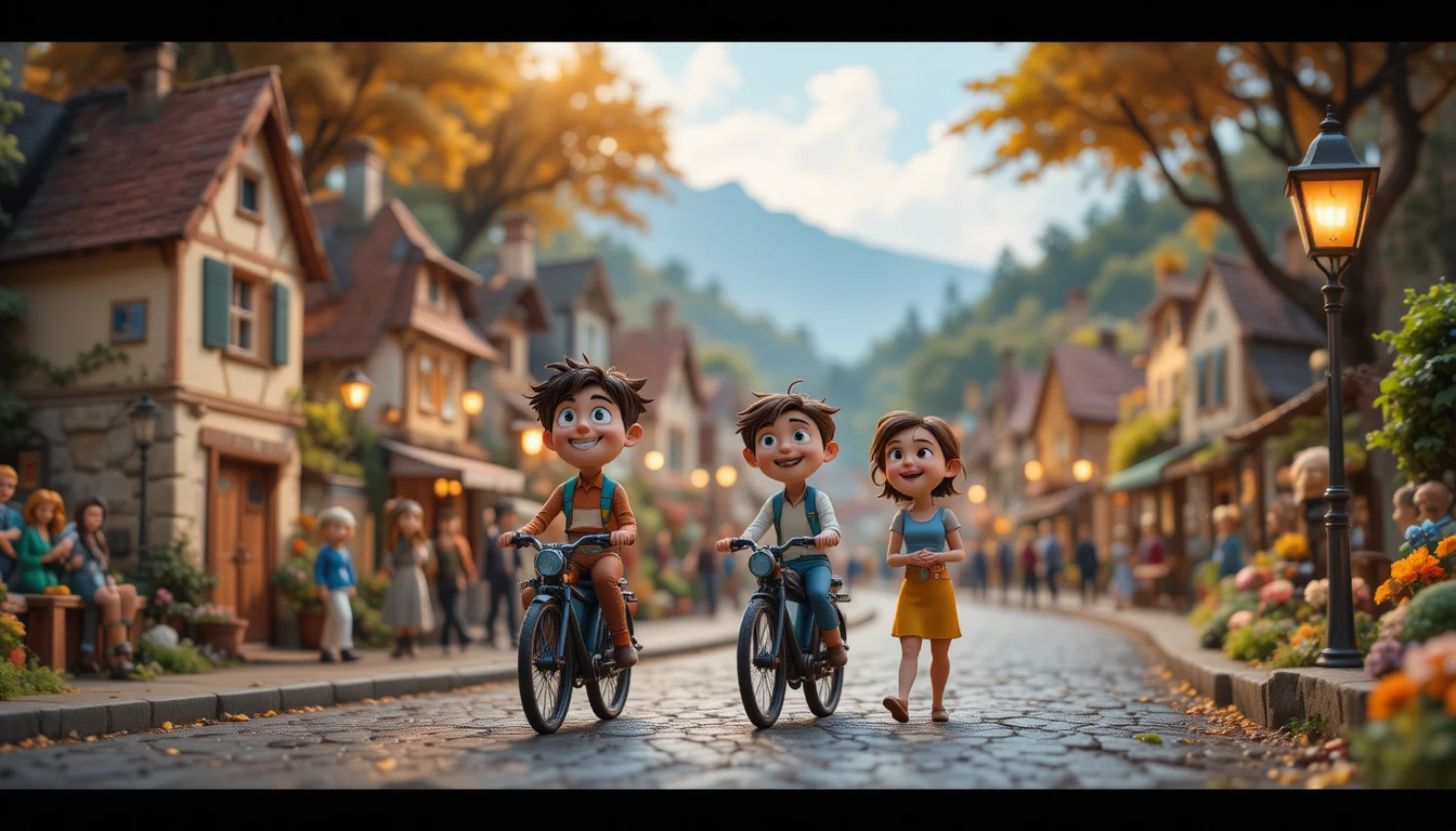 Funny clay cyclists racing through a French village scene