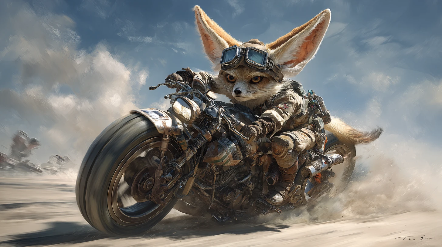 Fennec fox racing a motorcycle through a dramatic desert storm
