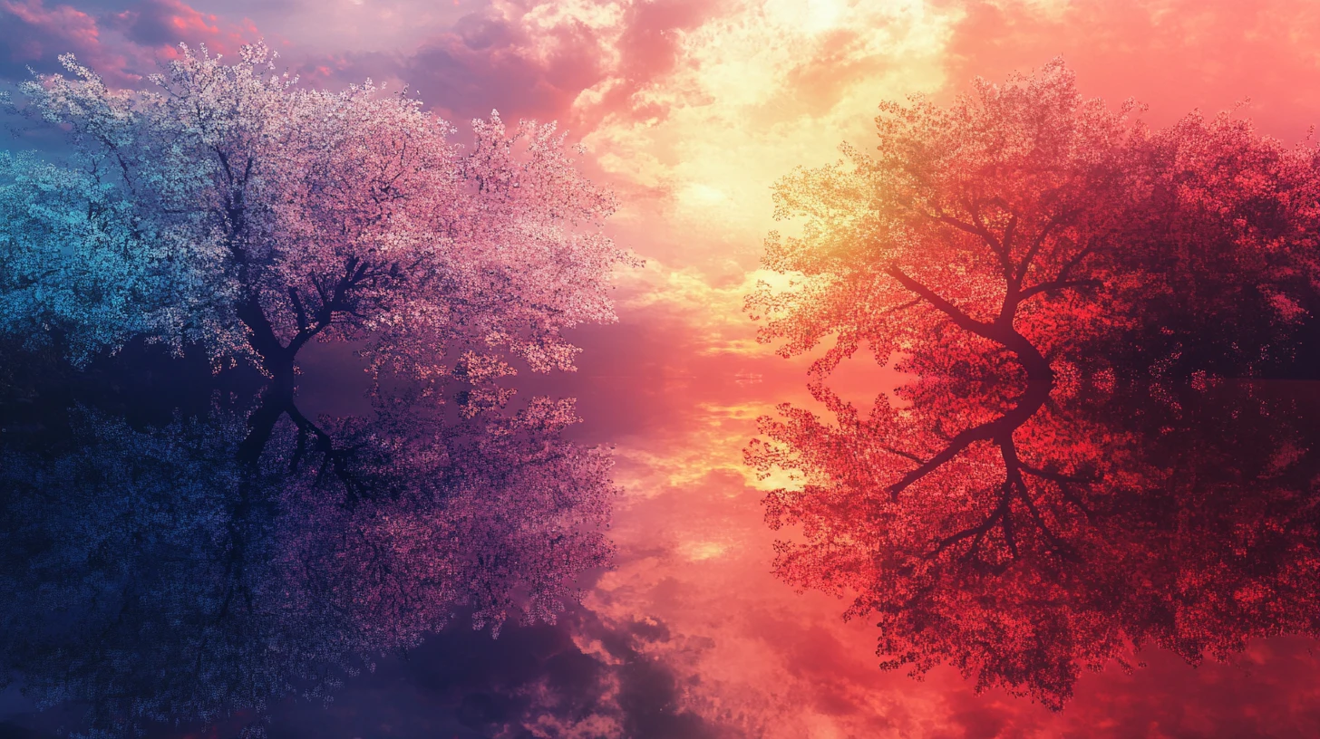 Cielo yin yang que mezcla amanecer y atardecer sobre los árboles