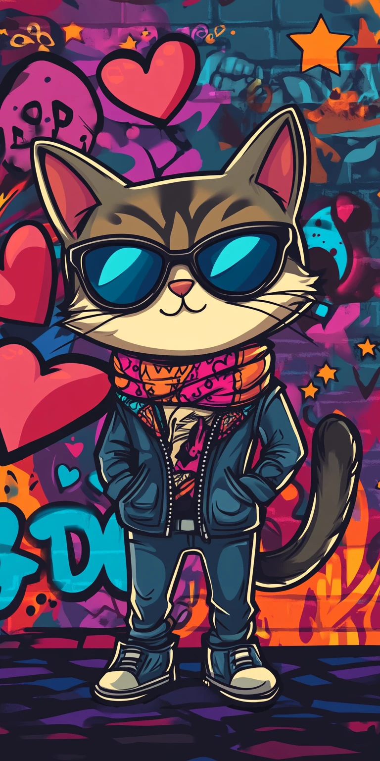 Cool street cat in leather jacket with graffiti backdrop
