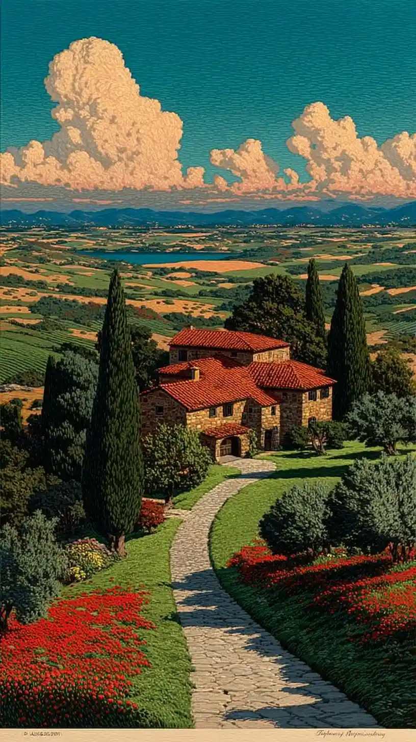 French countryside painting with vineyards at golden hour