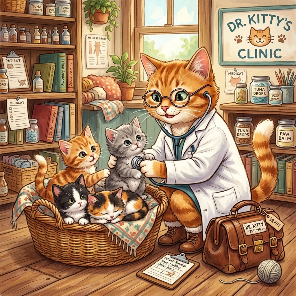 Cat doctor examining kittens in a whimsical clinic scene