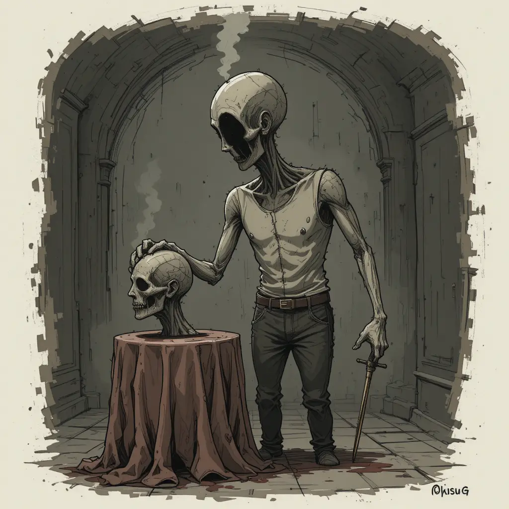 Headless humanoid holding a severed head in eerie cartoon art