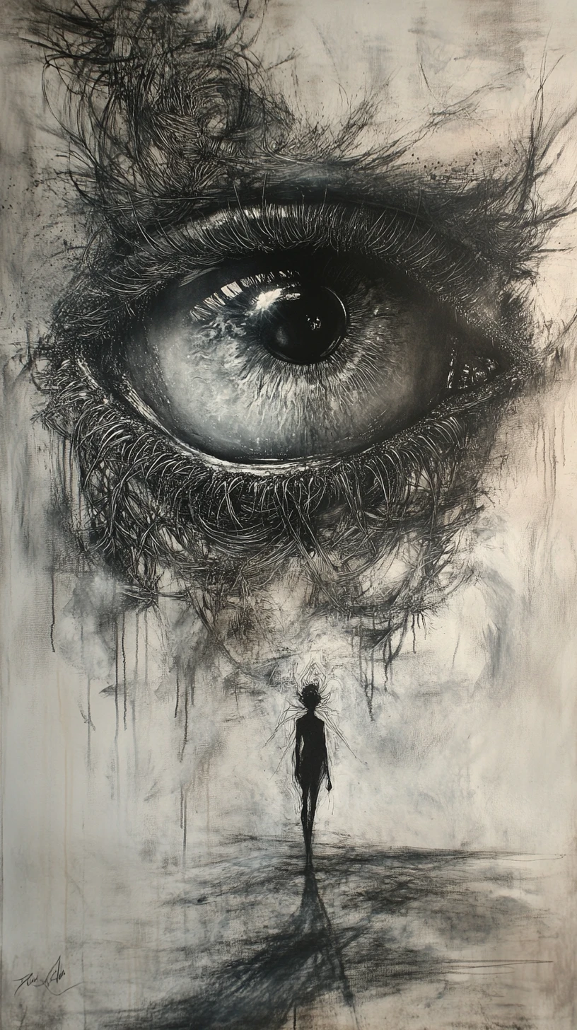 Alien portrait with large reflective eyes in abstract style