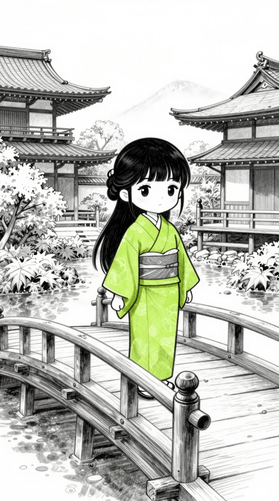 Chibi maiden on bridge in tranquil Japanese autumn garden