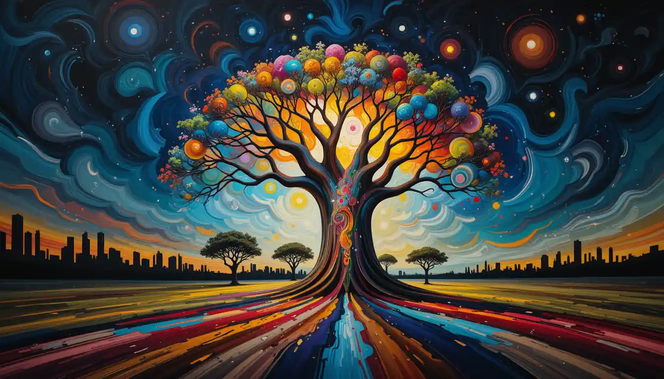 Luminous baobab tree merging with an abstract human brain